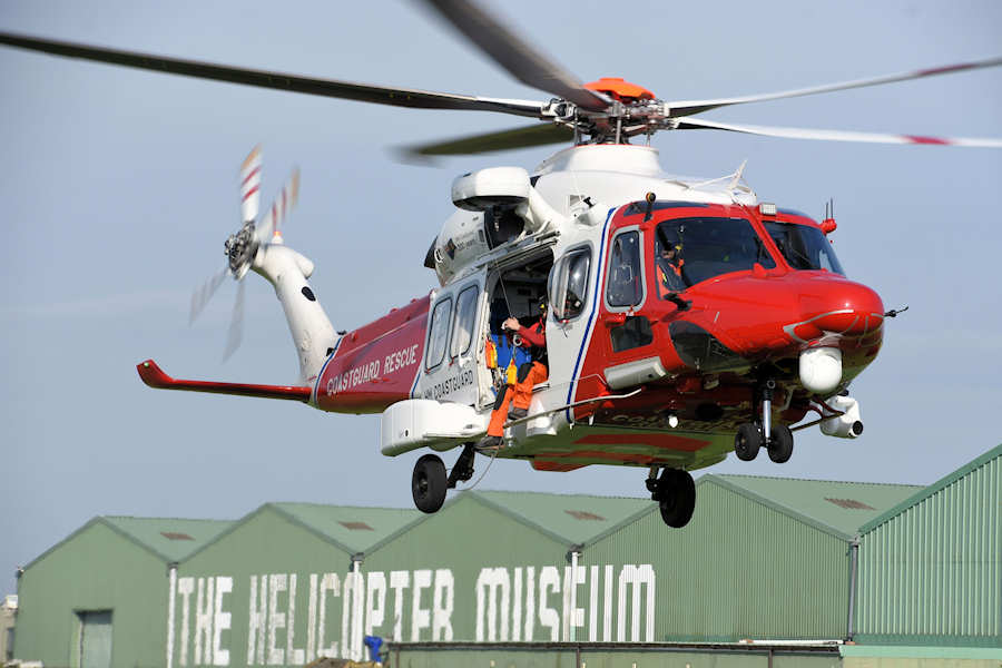 AW189 Coastguard helicopter G-MCGX training at The Helicopter Museum